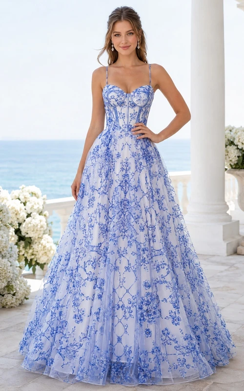 Robe de bal longue en tulle à imprimé floral bleu et blanc, bustier cœur et bretelles spaghetti.