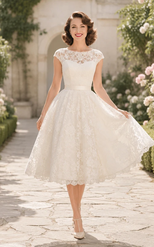 Vintage 1950s Bateau Cap Sleeve Illusion Lace A-Line Tea Length Wedding Dress