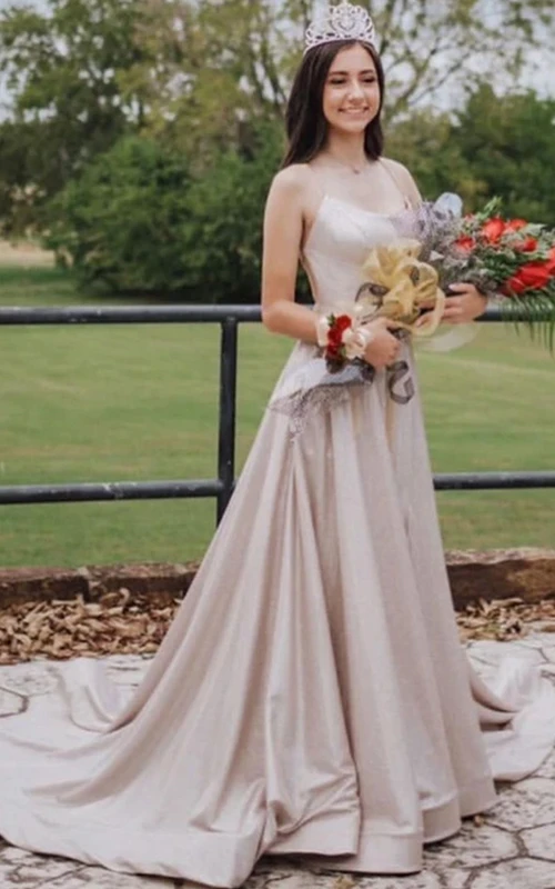 Modernes ärmelloses, elegantes A-Linien-Kleid aus Satin mit Schleppe, Rückenbindeverschluss und Taschen