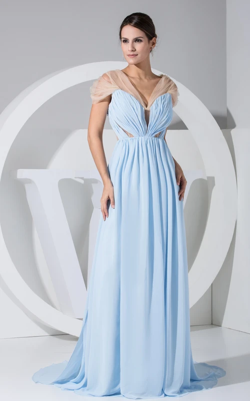 Vestido largo plisado sin mangas de gasa con capa de tul