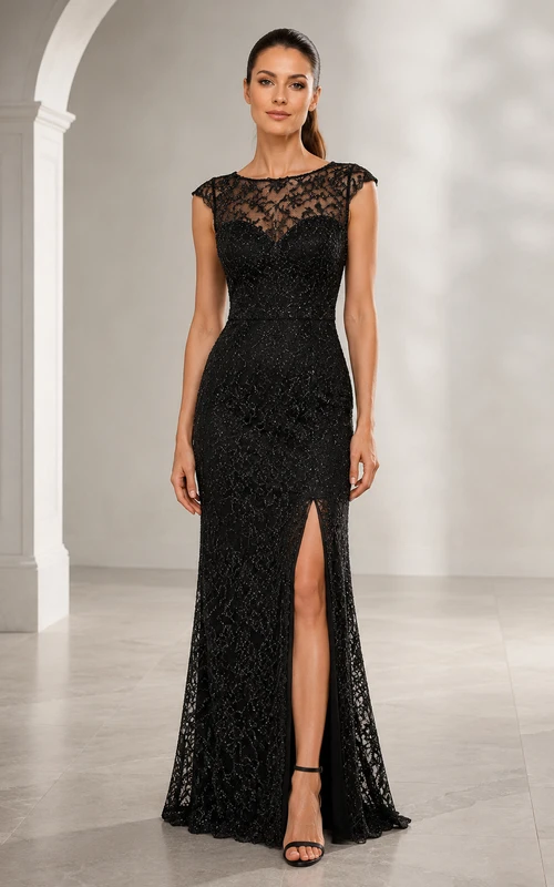 Vestido de noche negro de encaje con mangas cortas y escote ilusión, ideal para eventos nocturnos y formales.