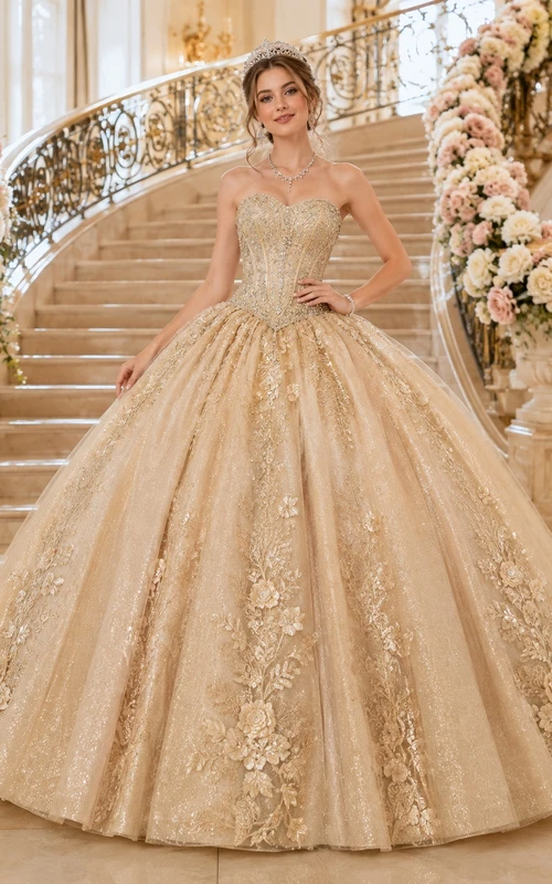Goldbesetztes, trägerloses Ballkleid mit Herzausschnitt und Applikationen aus Tüll, verziert mit Perlen, Applikationen, Quinceañera-Kleid