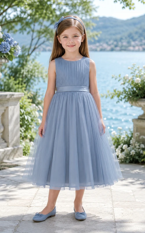 Blue Classic A-Line Satin Flower Girl Dress Sleeveless Scoop Neck Tea-Length Pleated Skirt