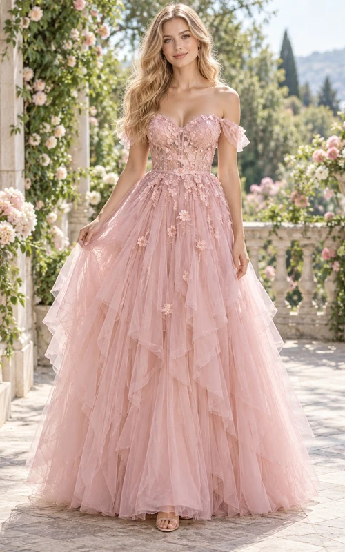 Fairy Dusty Rose Off Shoulder Floral Cascading Tulle Prom Dress
