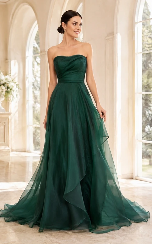 Dunkelgrünes, trägerloses Ballkleid aus Tüll mit Rüschen und Schleppe, Herzausschnitt und Schleppe