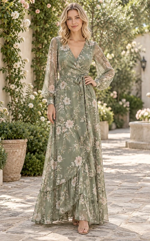 Vestido de invitada de boda de gasa con volantes, cuello en V y estampado floral verde salvia, estilo bohemio, manga larga.
