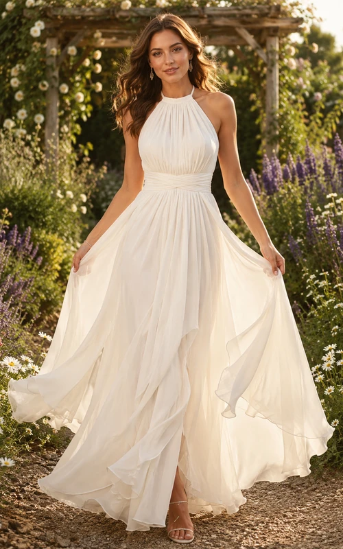 Boho-Hochzeitskleid aus fließendem Chiffon mit Neckholder-Ausschnitt