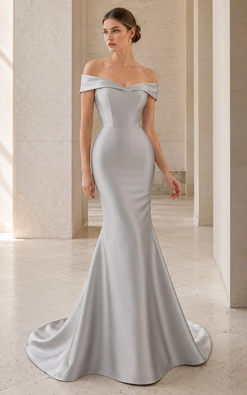 Robe de mariée sirène moderne et pudique en satin gris tourterelle, épaules dénudées