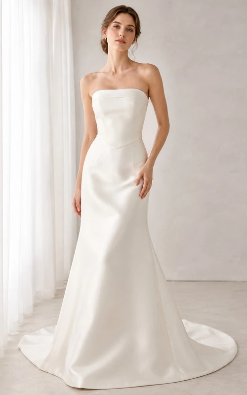 Vestido de novia sencillo y elegante de sirena sin tirantes en satén blanco