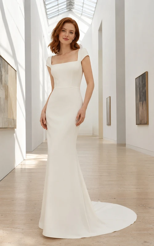 Cap Sleeve Square Neck Crepe Gallery Bridal Gown