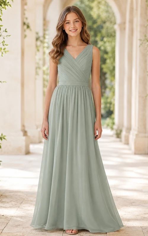 Vestido de dama de honor juvenil Eucalyptus, corte en A, escote en V, sin mangas, elegante y formal.