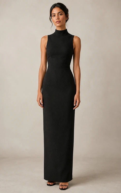Robe de soirée fourreau sans manches à col montant
