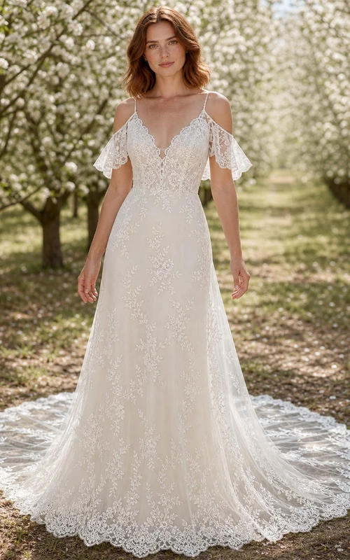 Vestido de novia bohemio de manga corta, corte en A, escote en V, hombros descubiertos, encaje de hojas y cola catedral.