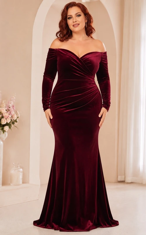 Plus Size Burgundy Off-Shoulder Long Sleeve Velvet Mermaid Floor-Length Evening Gown