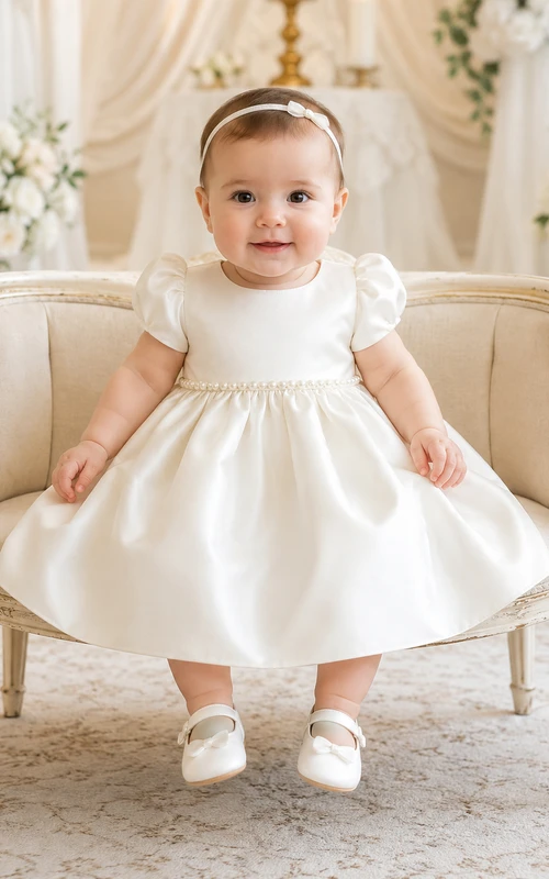 Short Sleeve Baptism Dress A-Line Satin Jewel Neck Bow Sash Knee-Length