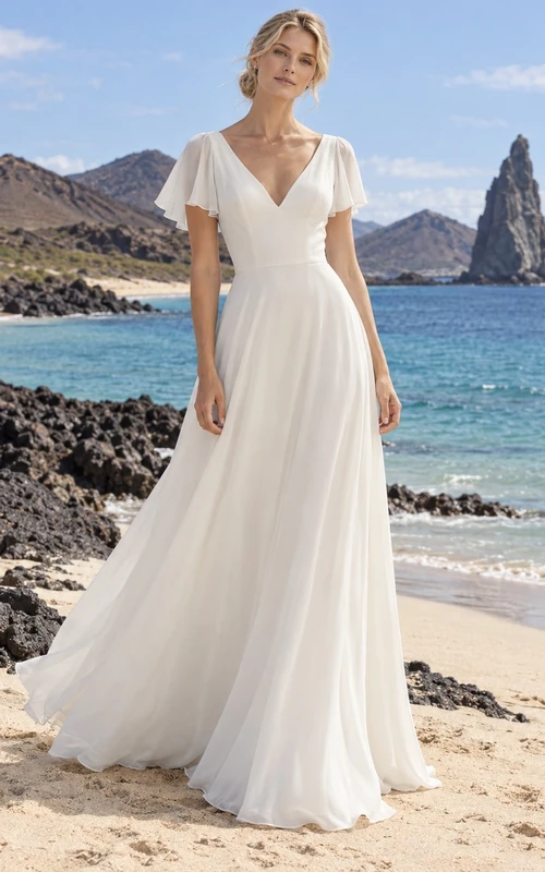 Vestido de novia de georgette con escote en V, mangas con volantes, corpiño liso y falda en línea A.