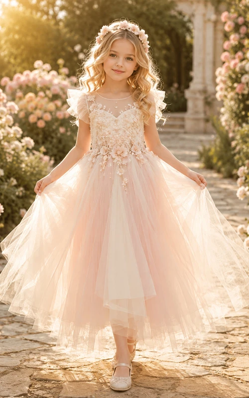 Vestido de niña de las flores color champán, encaje y tul, corte en A, mangas con volantes, escote redondo, largo midi.