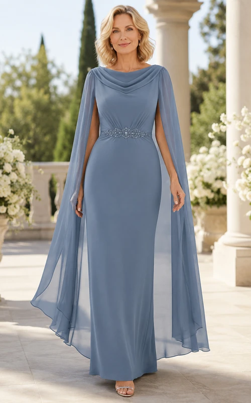 Dusty blue cowl cape sleeve floor length mother gown