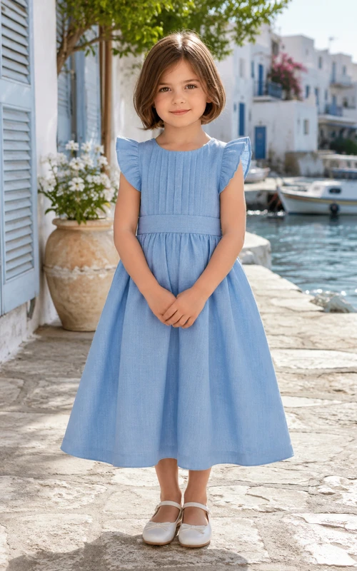 Simple Modern Flower Girl Dress Jewel Neck Flutter Sleeve Sky Blue Linen Tea Length Gathered