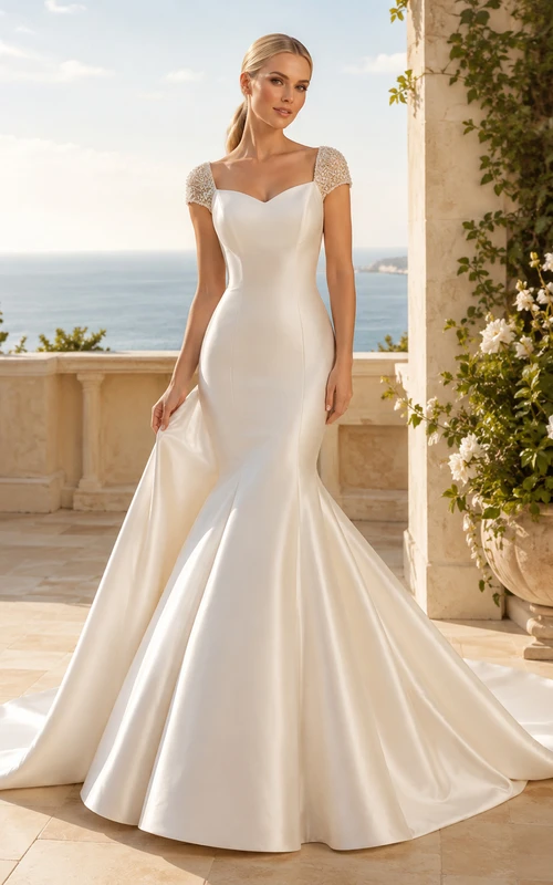 Robe de mariée sirène élégante en satin, décolleté cœur et manches en dentelle, traîne chapelle, pour un mariage de destination