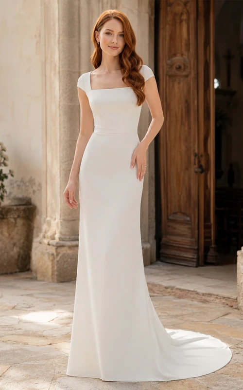 Vestido de novia sencillo de crepé con escote cuadrado y mangas cortas