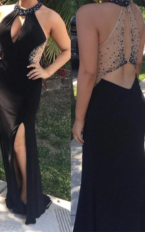 Sexy schwarzes Ballkleid mit Schlüssellochausschnitt, langem Schlitz und bodenlang