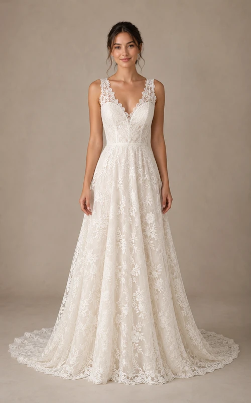 Vestido de novia de corte A con tirantes anchos, encaje, corpiño con escote en V y cola de capilla.