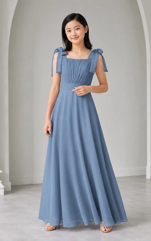 Stahlblaues Brautjungfernkleid für junge Mädchen, A-Linie, eckige Schulterpartie, ärmellos, Schleifen