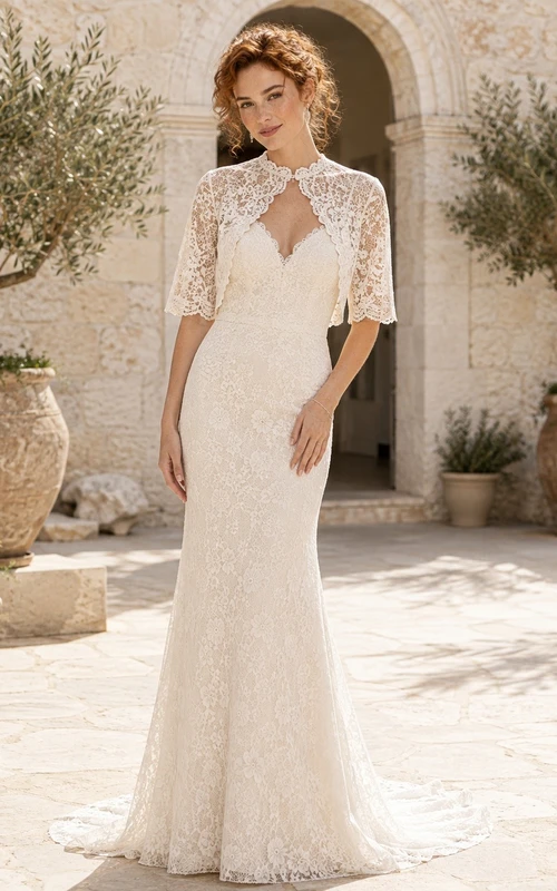 High Mermaid Long Sleeve Neck Refined Wedding Dress Lace