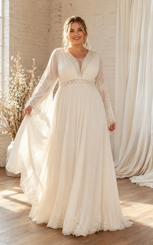 Plus Size Langarm-Chiffon-Empire-Brautkleid im Boho-Stil mit V-Ausschnitt und langen Ärmeln