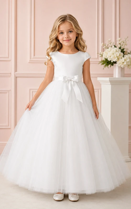 Classic Tulle Floor-Length Ball Gown Cap Sleeve Bow Flower Girl Princess Wedding Dress