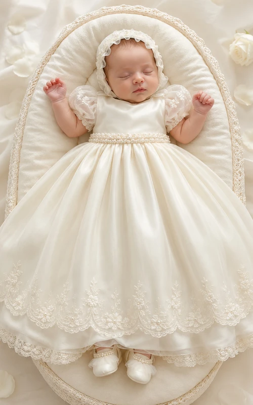 Vestido de bautizo para recién nacido con cintura de perlas, corte en A, manga corta, dobladillo de encaje, elegante estilo vintage.