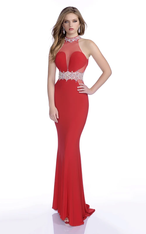 Elegantes Meerjungfrauen-Jerseykleid mit Schlüssellochausschnitt am Rücken, Strass-Taille und Neckholder.