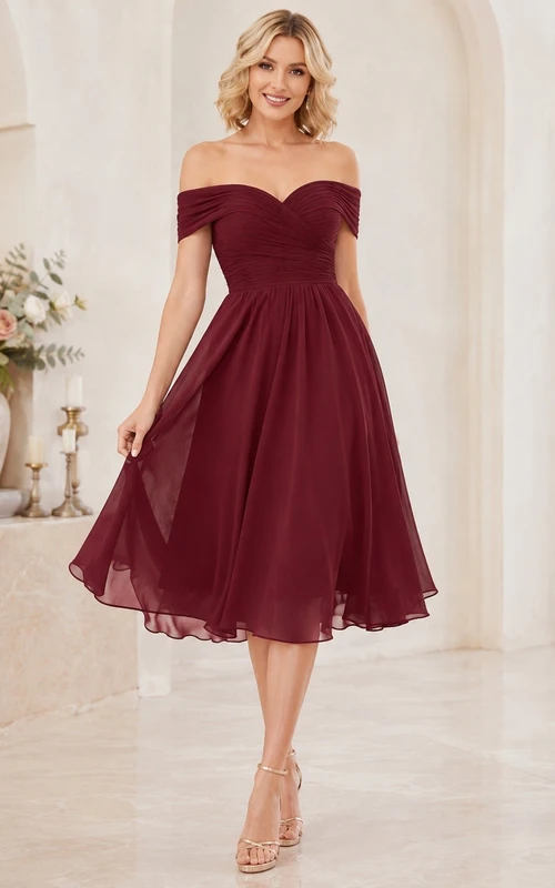 Elegantes burgunderrotes schulterfreies Chiffon-Abendkleid mit kurzen Ärmeln in A-Linie