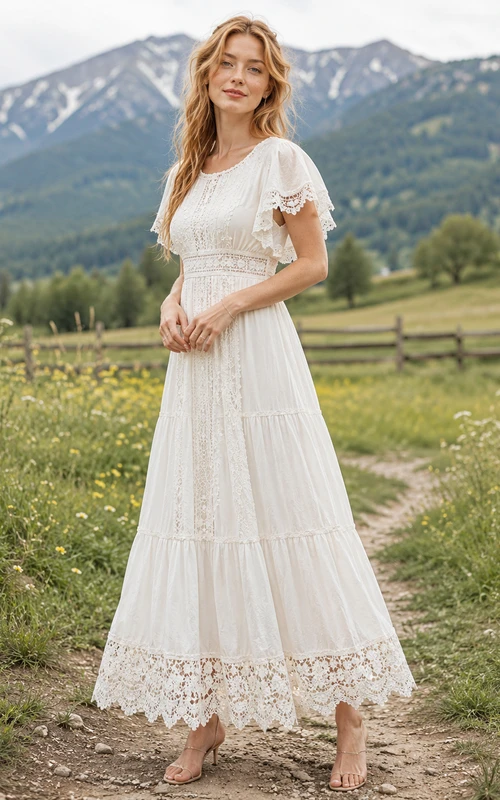 Robe de mariée bohème en dentelle à col rond et à volants, longueur thé, style prairie