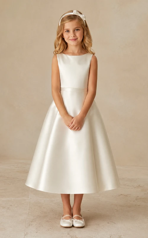 Robe de demoiselle d'honneur ivoire minimaliste et luxueuse en satin, coupe trapèze, sans manches, col rond et jupe mi-longue, ornée d'un nœud dans le dos et d'une jupe à ourlet arrondi.