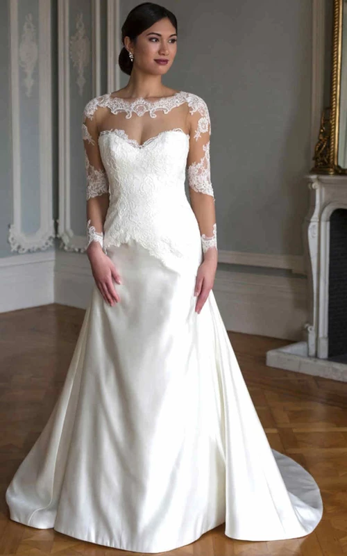 A-Linien-Brautkleid aus Satin mit Rundhalsausschnitt, langen Ärmeln, Applikationen und Illusionseffekt, bodenlang.