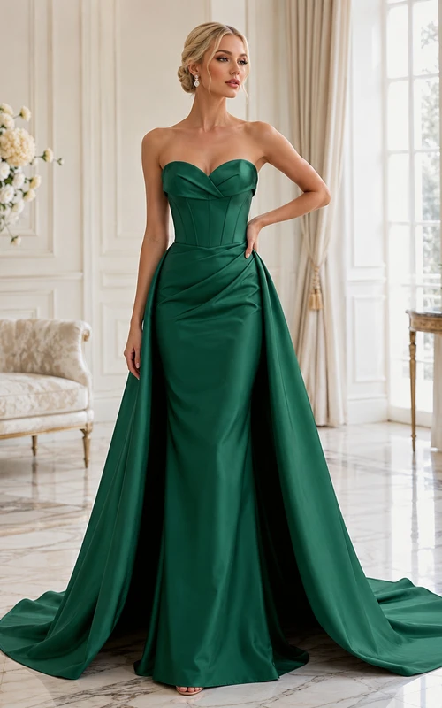 Emerald Green Strapless Sweetheart Draped Satin A-Line Split Front Wedding Gown