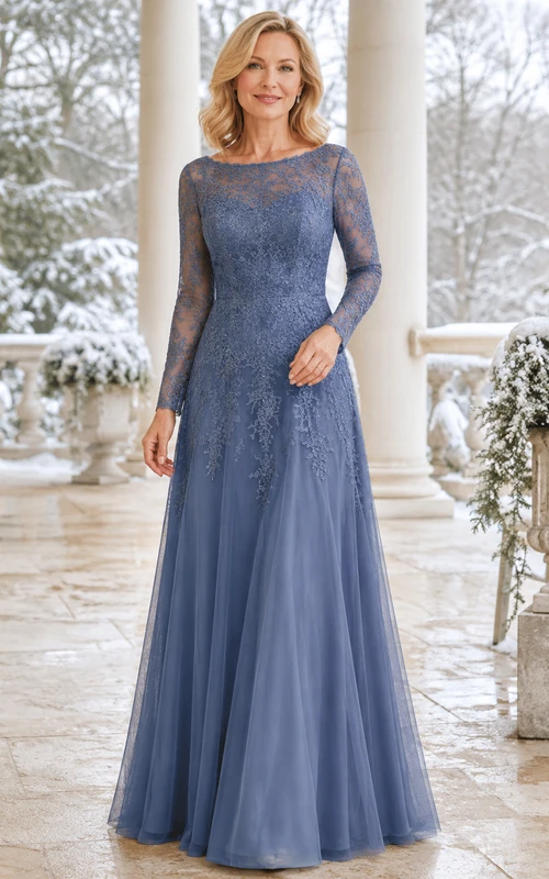 Stahlblaues, schlichtes, langärmeliges A-Linien-Kleid mit Illusionsspitze in Bodenlänge – ideal für die Mutter der Braut im Winter