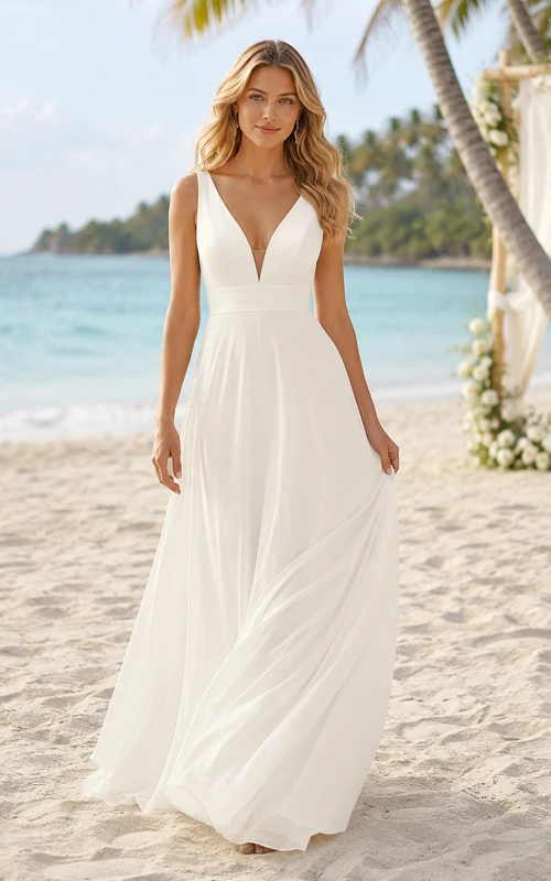 Simple V-Neck Chiffon Tropical Beach Destination Bridal Gown