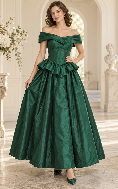 Vestido largo de dama de honor vintage de tafetán peplum verde oscuro con hombros descubiertos