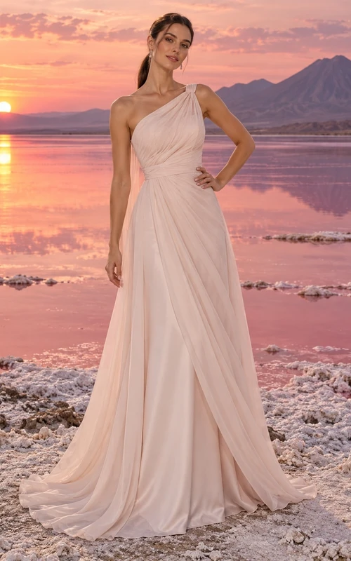 Sencillo vestido de novia de gasa rosa empolvado con un solo hombro y corpiño drapeado en línea A