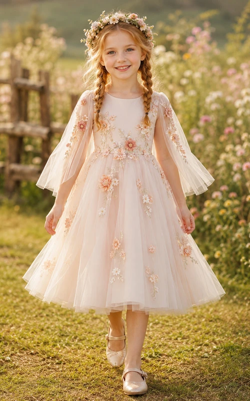Champagnerfarbenes Blumenmädchenkleid mit langen, blütenförmigen Drapierungen, appliziertem Tüll in A-Linie, natürlicher Taille und bodenlangem Rock