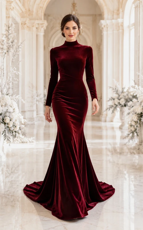 Robe de mariée sirène en velours bordeaux à col montant et manches longues