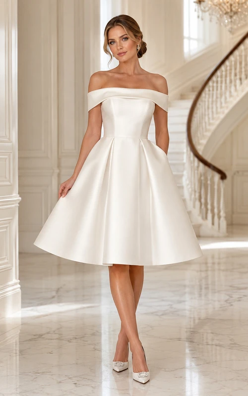 Elegante vestido de recepción nupcial de corte A, largo hasta la rodilla, de satén, con hombros descubiertos.
