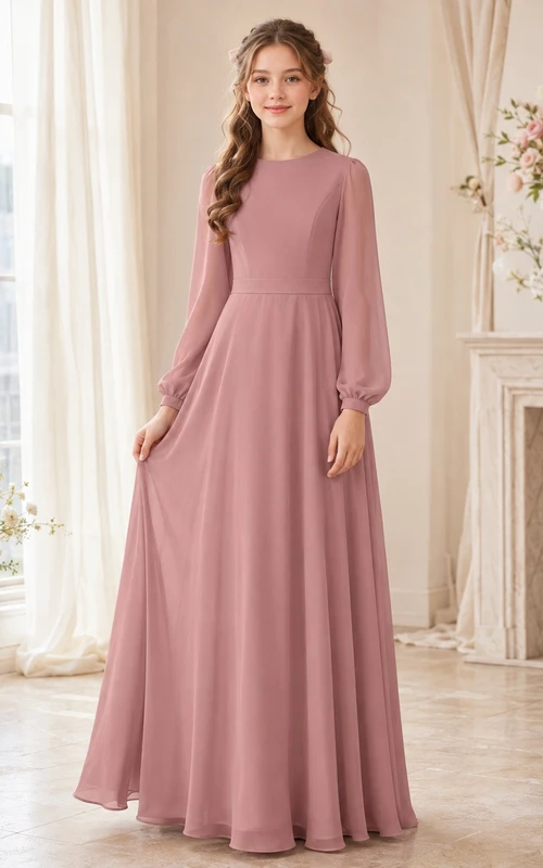 Brautjungfernkleid in Altrosa, A-Linie, mit Strasssteinen, langen Ärmeln, Chiffon, schlicht