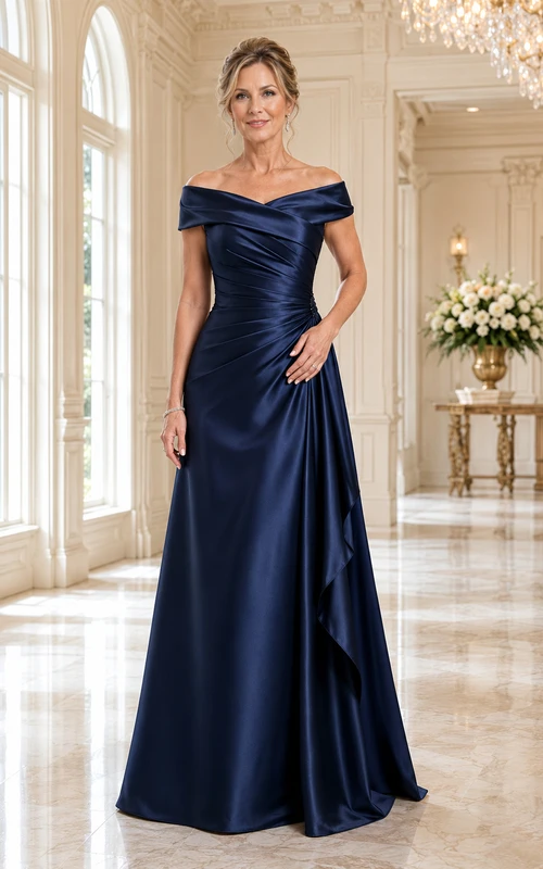 Dunkelblaues schulterfreies A-Linien-Kleid aus Satin für Mütter