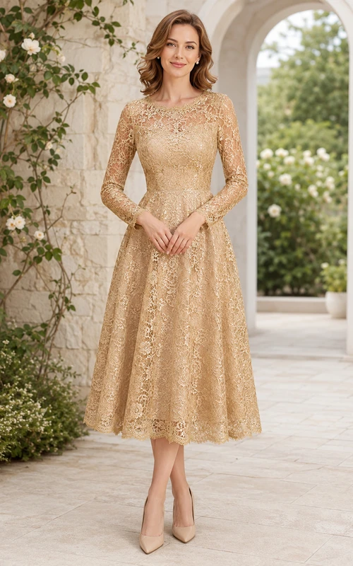 Champagnerfarbenes, elegantes Vintage-Kleid mit U-Boot-Ausschnitt, Illusionsspitze, langen Ärmeln und Teekleid