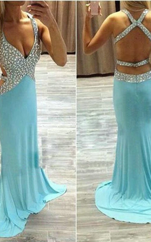 Wunderschöne Meerjungfrauen-Abendkleider aus Chiffon mit Kristallmuster, V-Ausschnitt und langem Schnitt