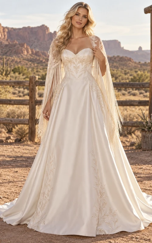 Country Boho Sweetheart A-Line Satin Wedding Dress with Leaf Lace Trails and Fringed Cape